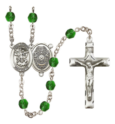Pewter St. Michael Police Office centerpiece and traditional crucifix with 6mm Fire Polished Crystal Birthstone Rosary in Emerald, Bliss Manufacturing