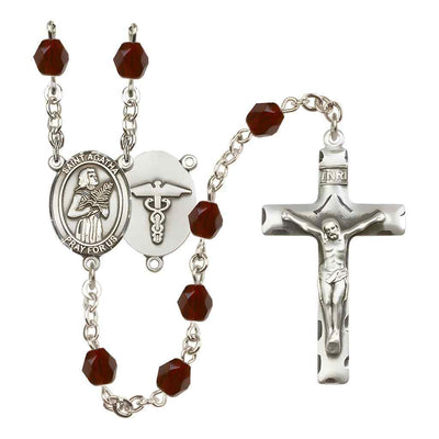 St. Agatha Nurse Medical Symbol Silver-Plated Birthstone Rosary in Garnet, Bliss Manufacturing