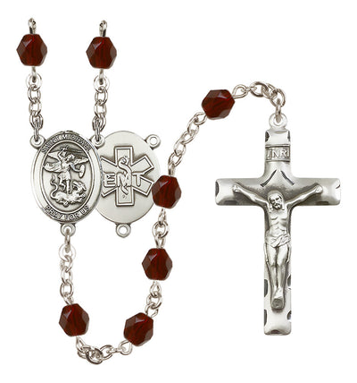 Pewter St. Michael EMT centerpiece and traditional crucifix with 6mm Fire Polished Crystal Birthstone Rosary in Amethyst in Garnet, Bliss Manufacturing