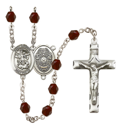 Pewter St. Michael Police Office centerpiece and traditional crucifix with 6mm Fire Polished Crystal Birthstone Rosary in Garnet, Bliss Manufacturing
