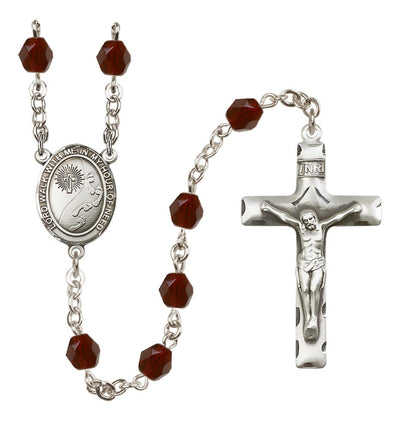Footprints W/Cross Fire Polished Silver-Plated Birthstone Rosary In Garnet January, Bliss Manufacturing