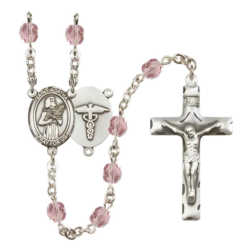 St. Agatha Nurse Medical Symbol Silver-Plated Birthstone Rosary in Light Amethyst, Bliss Manufacturing