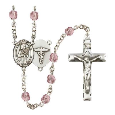 St. Agatha Nurse Medical Symbol Silver-Plated Birthstone Rosary in Light Amethyst, Bliss Manufacturing