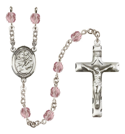 Pewter St. Anthony of Padua centerpiece and traditional crucifix with 6mm Fire Polished Crystal Birthstone Rosary in Ruby in Light Amethyst, Bliss Manufacturing