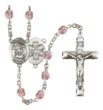 Pewter St. Michael EMT centerpiece and traditional crucifix with 6mm Fire Polished Crystal Birthstone Rosary in Ruby in Light Amethyst, Bliss Manufacturing
