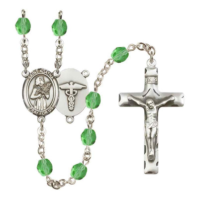 St. Agatha Nurse Medical Symbol Silver-Plated Birthstone Rosary in Peridot, Bliss Manufacturing
