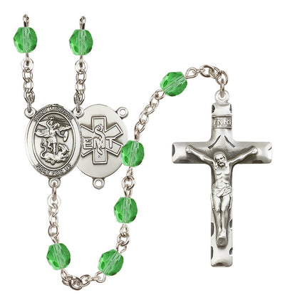 Pewter St. Michael EMT centerpiece and traditional crucifix with 6mm Fire Polished Crystal Birthstone Rosary in Garnet in Peridot, Bliss Manufacturing
