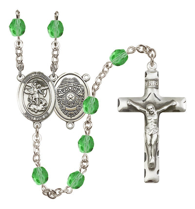 Pewter St. Michael Police Office centerpiece and traditional crucifix with 6mm Fire Polished Crystal Birthstone Rosary in Peridot, Bliss Manufacturing