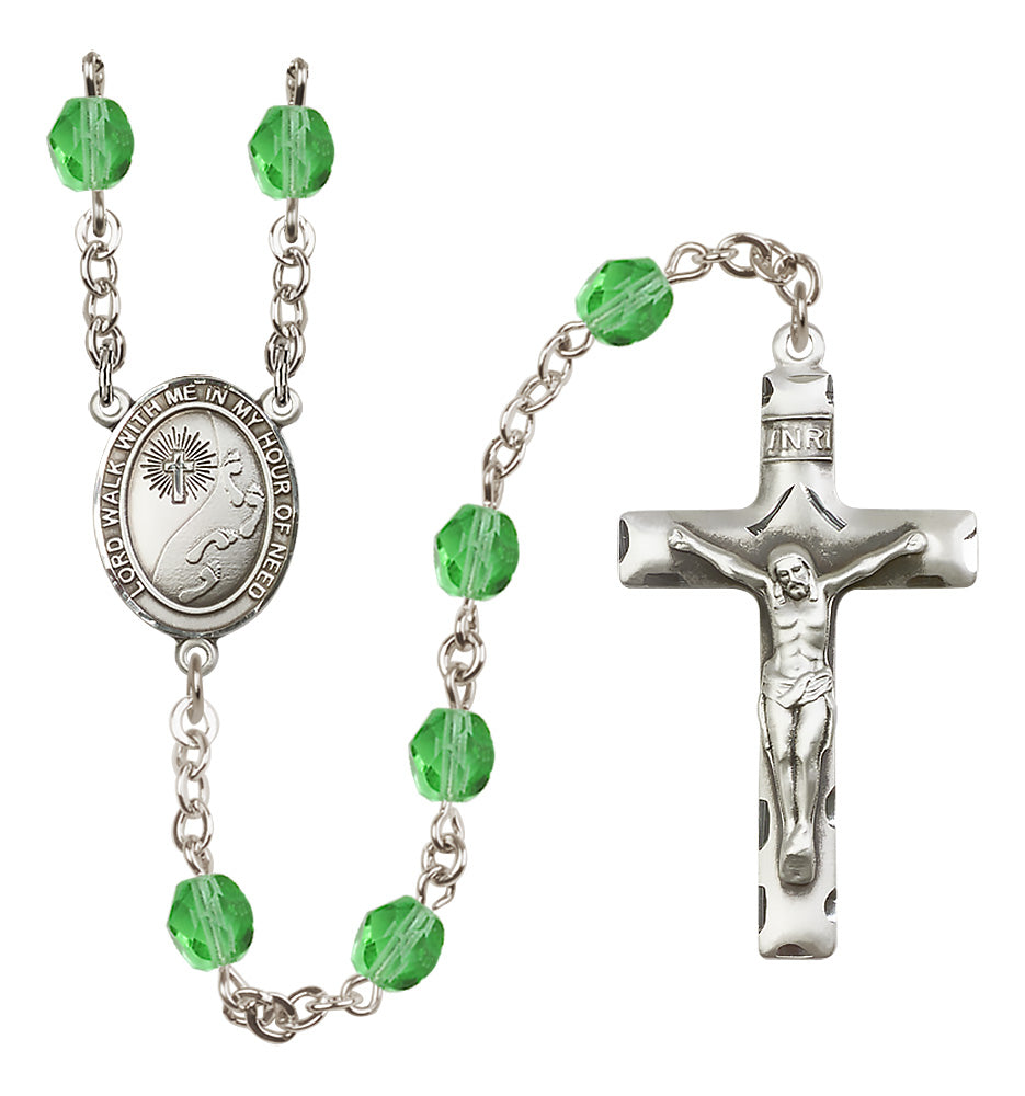 Bliss Footprints w/Cross Fire Polished Silver-Plated Birthstone Rosary