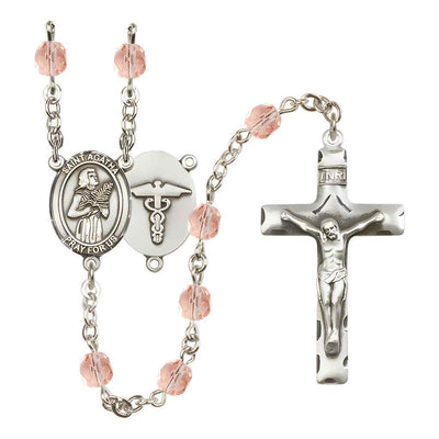 St. Agatha Nurse Medical Symbol Silver-Plated Birthstone Rosary in Pink, Bliss Manufacturing