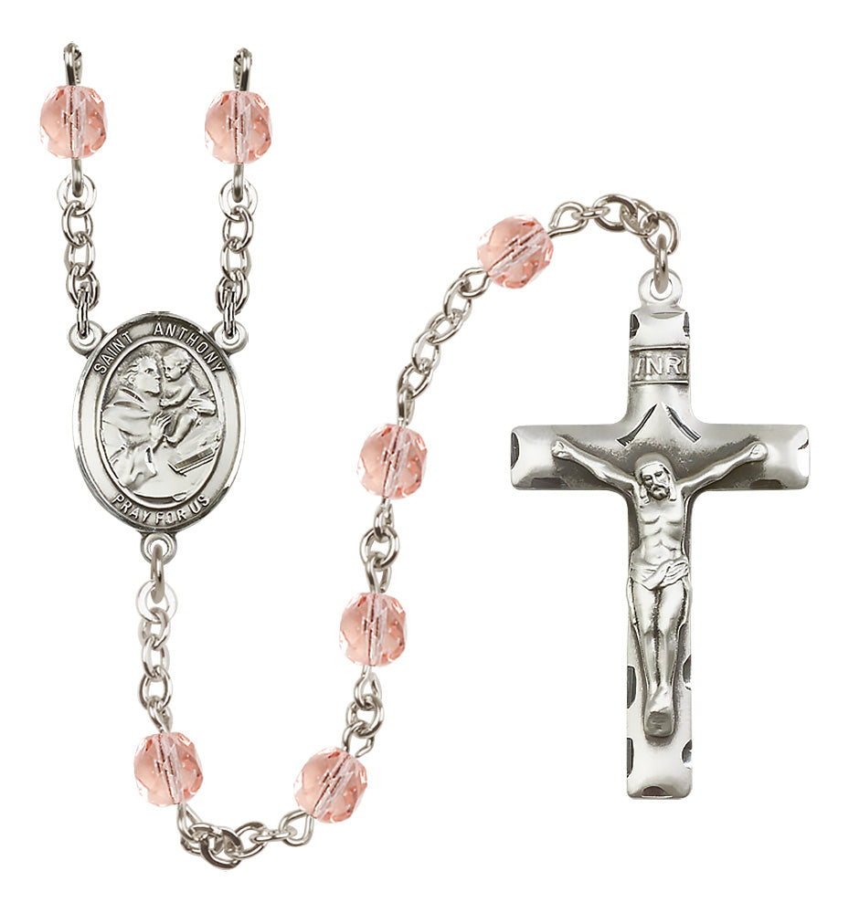 Pink Bliss St Anthony of Padua Silver-Plated Fire Polished Bead Rosary,