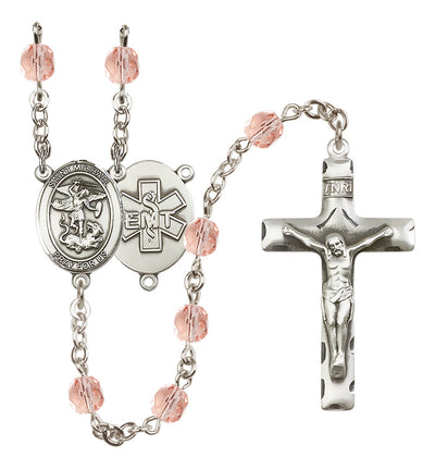 Pewter St. Michael EMT centerpiece and traditional crucifix with 6mm Fire Polished Crystal Birthstone Rosary in Rose, Bliss Manufacturing