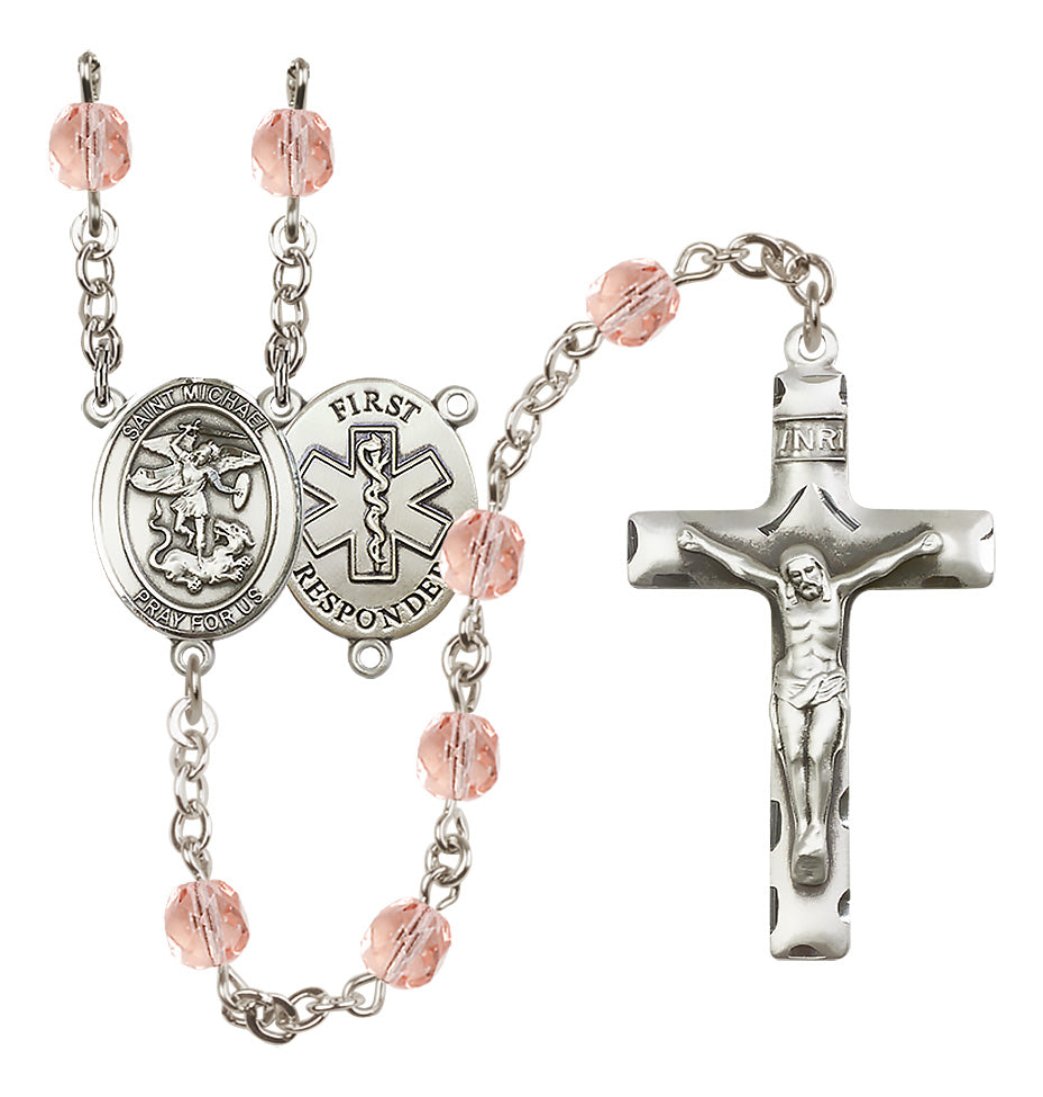 Bliss Manufacturing 1st Responder St Michael Pink Birthstone Crystal Rosary