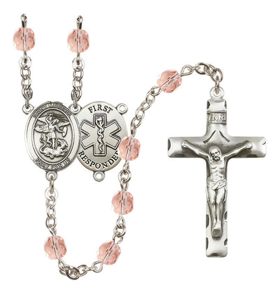 1st Responder St Michael Pink Birthstone Crystal Rosary in Rose, Bliss Manufacturing