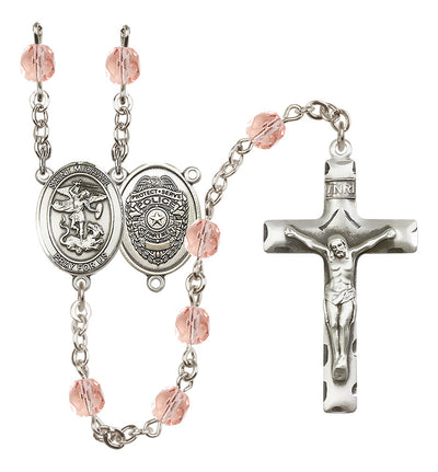 Pewter St. Michael Police Office centerpiece and traditional crucifix with 6mm Fire Polished Crystal Birthstone Rosary in Rose, Bliss Manufacturing