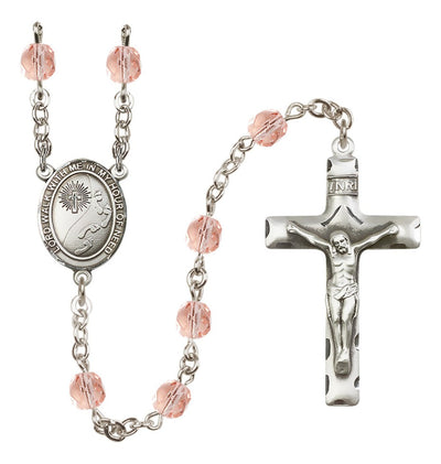 Footprints W/Cross Fire Polished Silver-Plated Birthstone Rosary In Rose October, Bliss Manufacturing