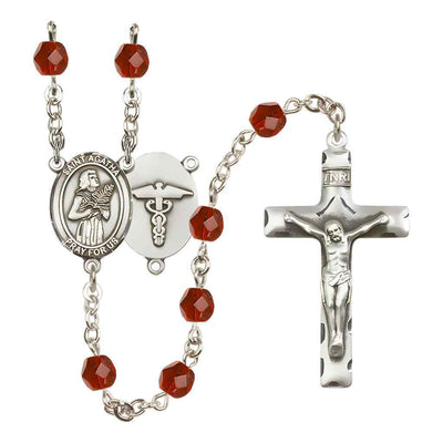 St. Agatha Nurse Medical Symbol Silver-Plated Birthstone Rosary in Ruby, Bliss Manufacturing