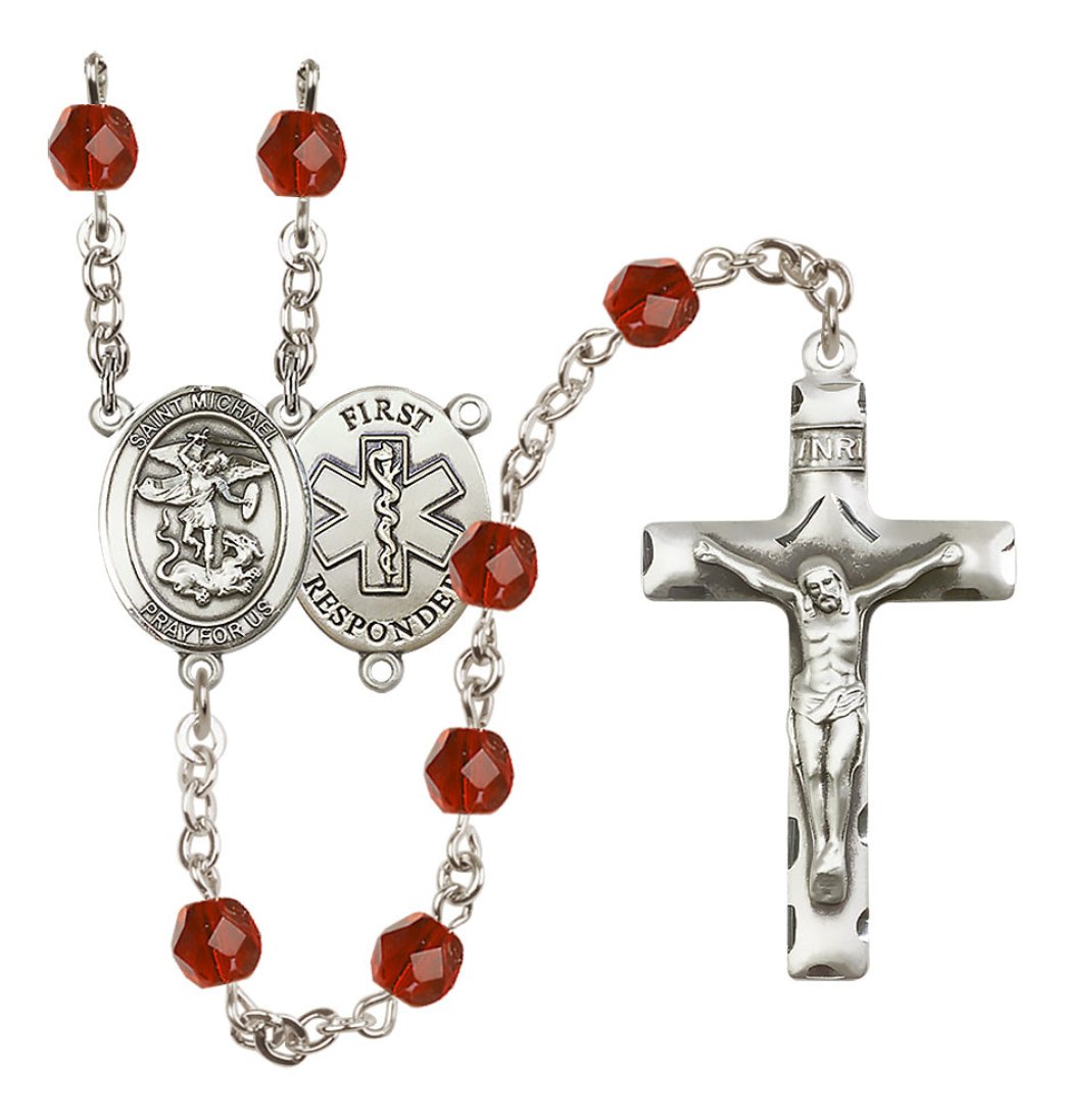 Bliss Manufacturing 1st Responder St Michael Ruby Birthstone Crystal Rosary