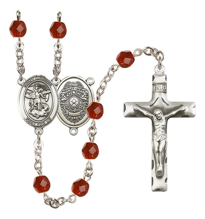 Pewter St. Michael Police Office centerpiece and traditional crucifix with 6mm Fire Polished Crystal Birthstone Rosary in Ruby, Bliss Manufacturing