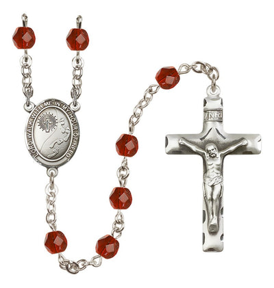 Footprints W/Cross Fire Polished Silver-Plated Birthstone Rosary In Ruby July, Bliss Manufacturing
