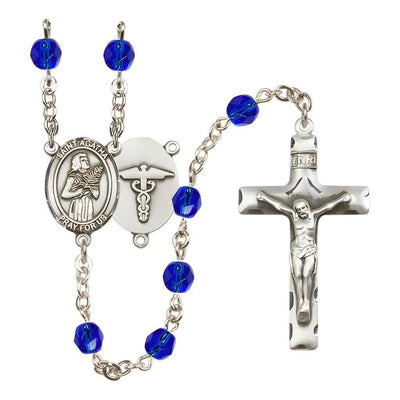 St. Agatha Nurse Medical Symbol Silver-Plated Birthstone Rosary in Sapphire, Bliss Manufacturing