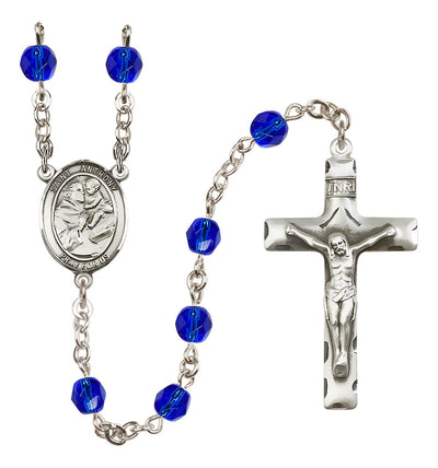 Pewter St. Anthony of Padua centerpiece and traditional crucifix with 6mm Fire Polished Crystal Birthstone Rosary in Rose in Sapphire, Bliss Manufacturing