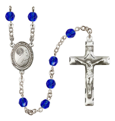 Footprints W/Cross Fire Polished Silver-Plated Birthstone Rosary In Sapphire September, Bliss Manufacturing