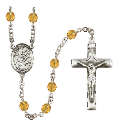 Pewter St. Anthony of Padua centerpiece and traditional crucifix with 6mm Fire Polished Crystal Birthstone Rosary in Garnet in Topaz, Bliss Manufacturing