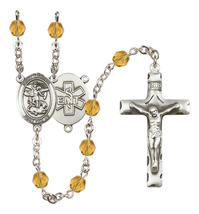 Pewter St. Michael EMT centerpiece and traditional crucifix with 6mm Fire Polished Crystal Birthstone Rosary in Topaz, Bliss Manufacturing