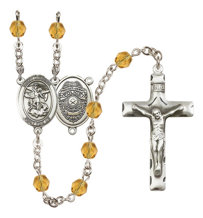 Pewter St. Michael Police Office centerpiece and traditional crucifix with 6mm Fire Polished Crystal Birthstone Rosary in Topaz, Bliss Manufacturing
