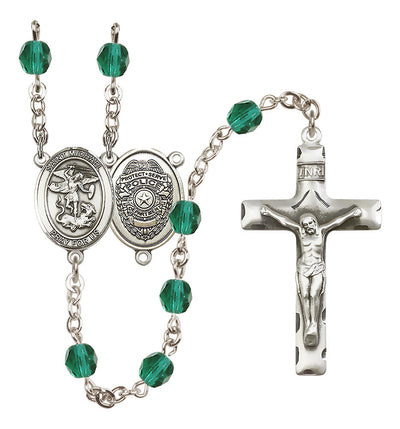 Pewter St. Michael Police Office centerpiece and traditional crucifix with 6mm Fire Polished Crystal Birthstone Rosary in Zircon, Bliss Manufacturing