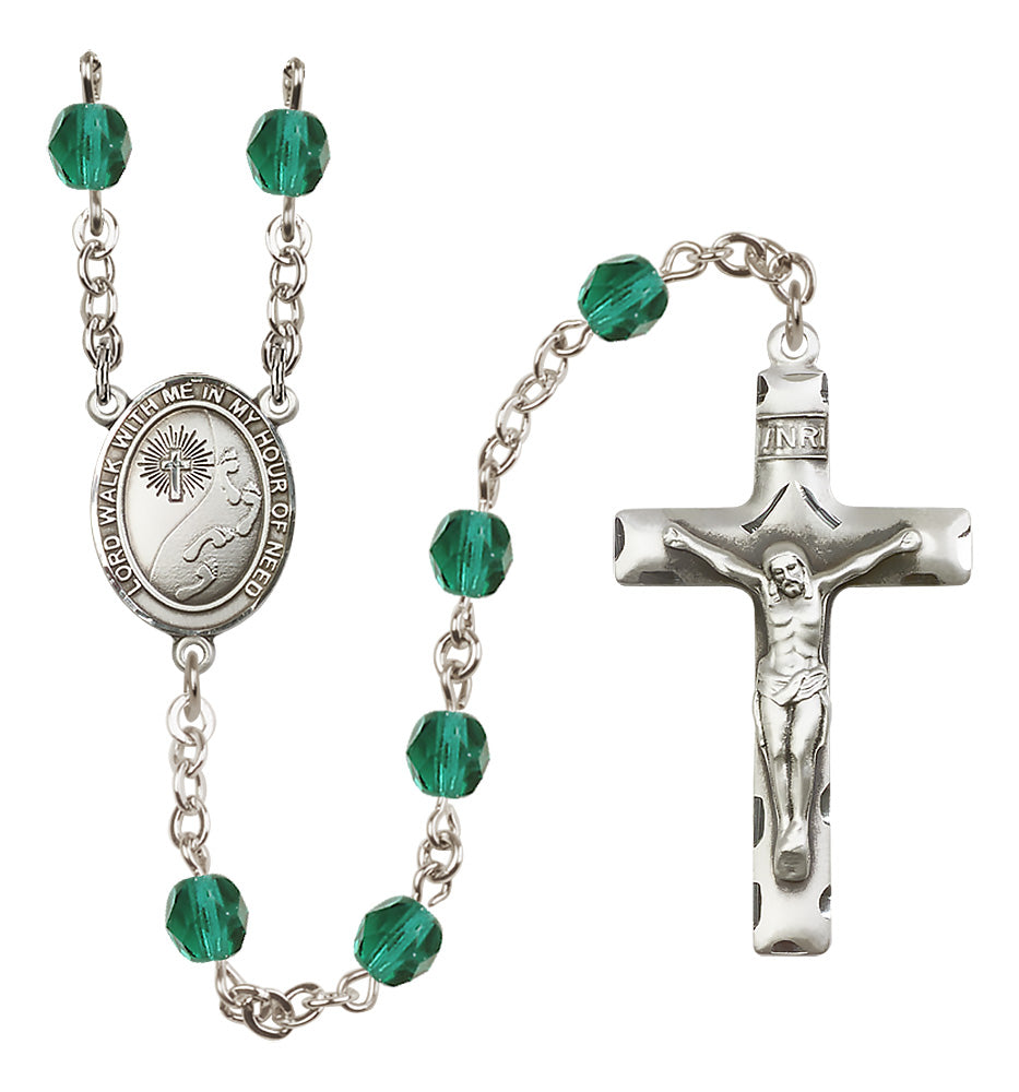 Bliss Footprints w/Cross Fire Polished Silver-Plated Birthstone Rosary