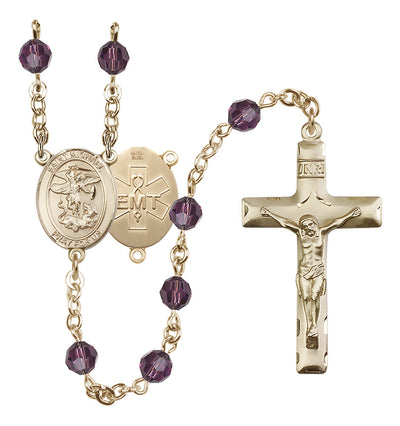 EMT 14kt Gold-filled 6mm Aqua Austrian Crystal beads with a traditional crucifix rosary and St. Michael centerpiece with EMT symbol on back in Amethyst, Bliss Manufacturing