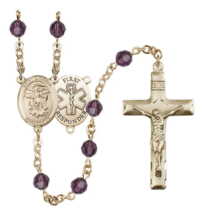 St. Michael 1st Responder Set In 14kt Gold-Filled With Birthstone 6mm Austrian Crystal Aqua Beads For March in Amethyst, Bliss Manufacturing