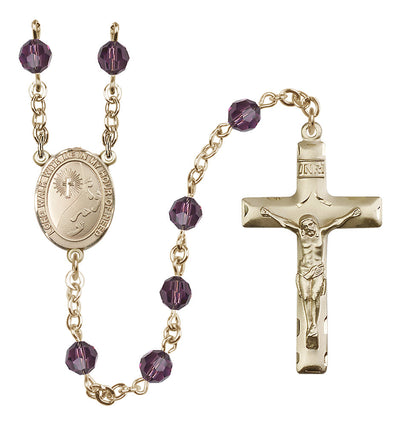 Footprints Gold-filled 6mm Austrian Crystal Rosary with Aqua Beads in Amethyst, Bliss Manufacturing