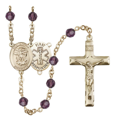 St. Michael 1st Responder Set In 14kt Gold With Birthstone 6mm Austrian Crystal Aqua Beads For March in Amethyst, Bliss Manufacturing