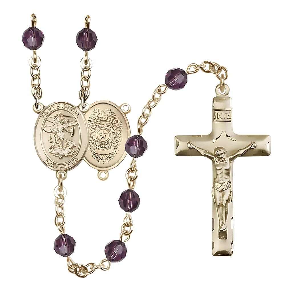 Bliss St. Michael with Police Officers Shield Birthstone 14kt Gold Rosary with Amethyst 6mm Austrian Crystal Beads with a Traditional Crucifix