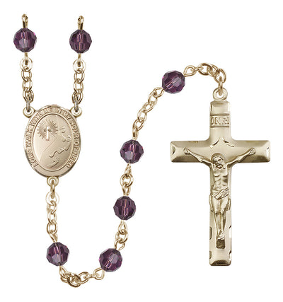 Footprints 14kt Gold 6mm Austrian Crystal Rosary with Aqua Beads in Amethyst, Bliss Manufacturing