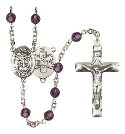 EMT Sterling Silver 6mm Aqua Austrian Crystal beads with a traditional crucifix rosary and St. Michael centerpiece with EMT symbol on back in Amethyst, Bliss Manufacturing