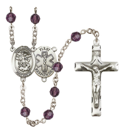 St. Michael 1st Responder Set In Sterling Silver With Birthstone 6mm Austrian Crystal Aqua Beads For March in Amethyst, Bliss Manufacturing