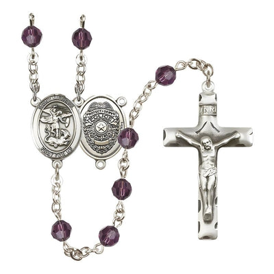 EMT Sterling Silver 6mm Amethyst Austrian Crystal beads with a traditional crucifix rosary and St. Michael centerpiece with Police Officer shieldl on back, Bliss Manufacturing
