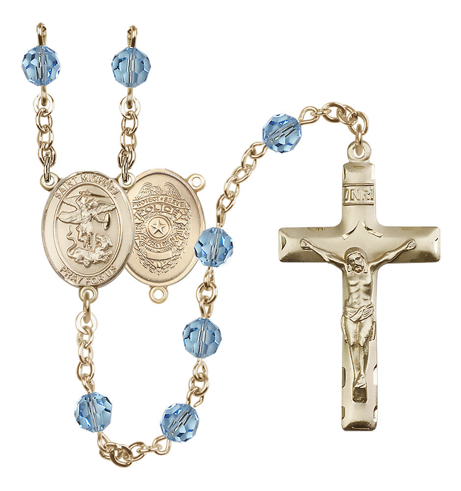 Bliss Police Officers St Michael 14kt Gold 6mm Austrian Crystal Rosary