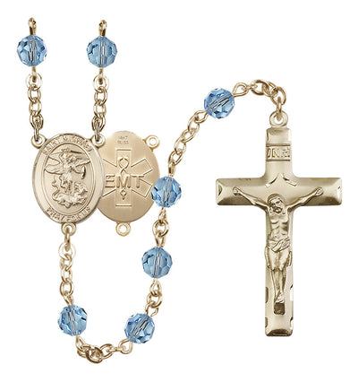 EMT 14kt Gold 6mm Austrian Crystal beads with a traditional crucifix rosary and St. Michael centerpiece with EMT symbol on back in Aqua, Bliss Manufacturing