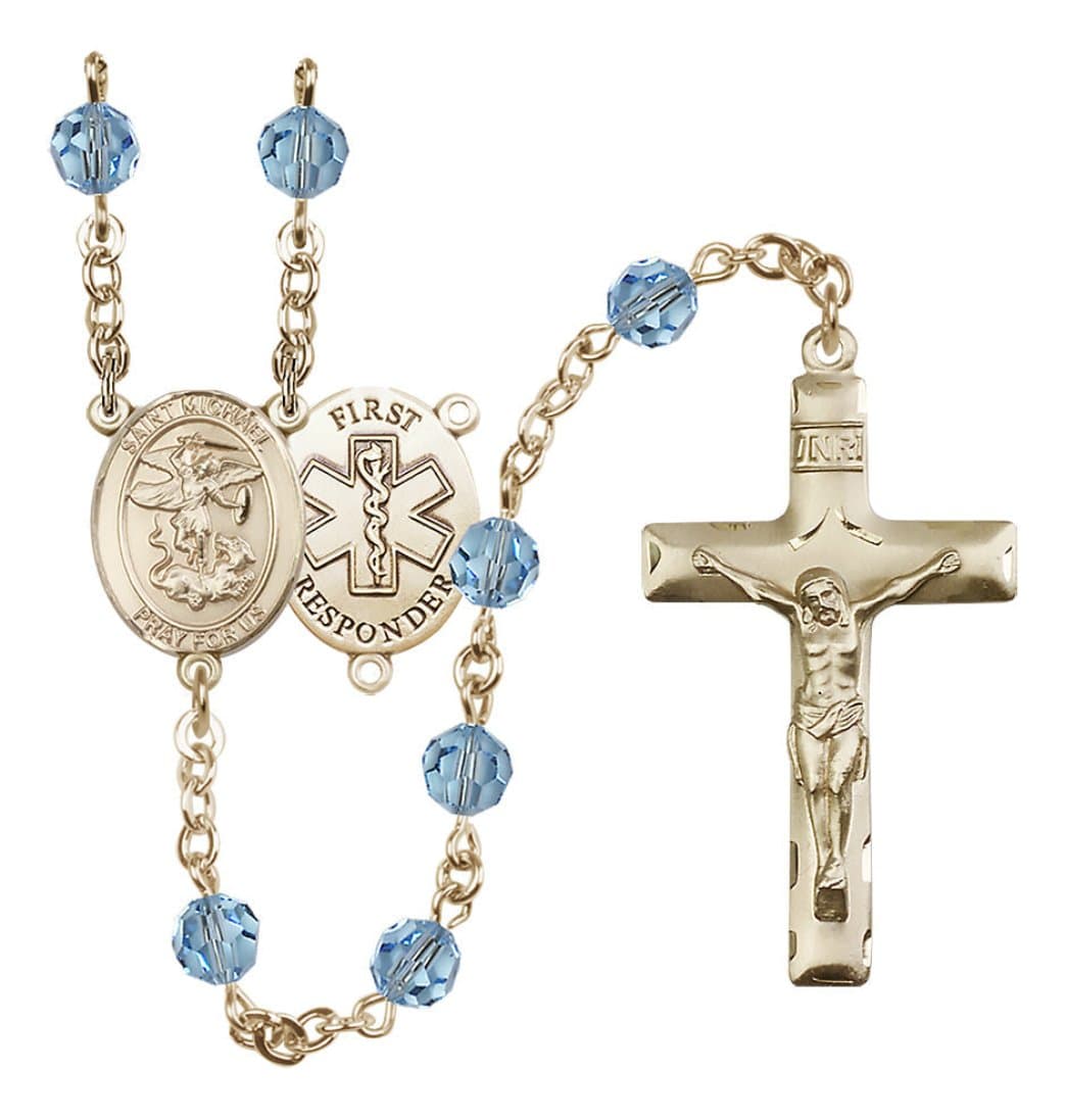 Bliss Manufacturing 1st Responder Aqua Birthstone Crystal 14kt Gold Rosary