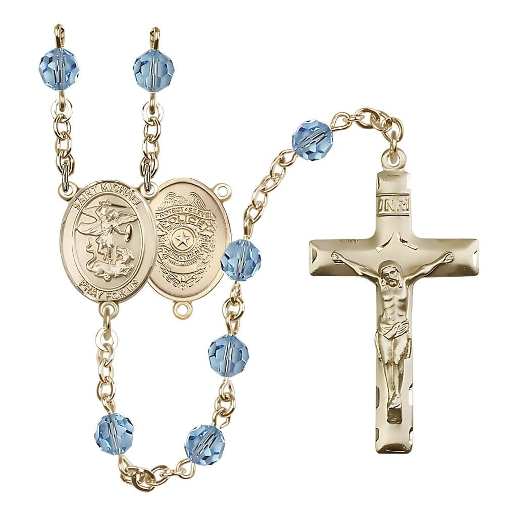 Bliss St. Michael with Police Officers Shield Birthstone 14kt Gold Rosary with Aqua 6mm Austrian Crystal Beads with a Traditional Crucifix