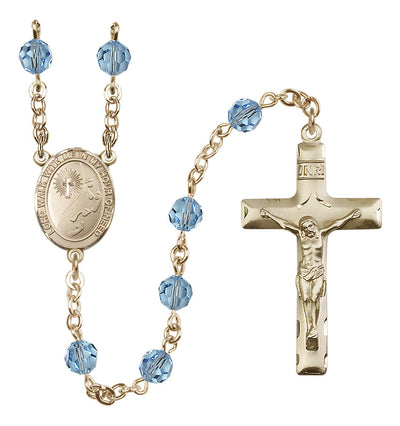 Footprints 14kt Gold 6mm Austrian Crystal Rosary with Clear Beads in Aqua, Bliss Manufacturing