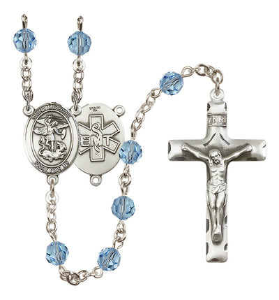 EMT Sterling Silver 6mm Austrian Crystal beads with a traditional crucifix rosary and St. Michael centerpiece with EMT symbol on back in Aqua, Bliss Manufacturing