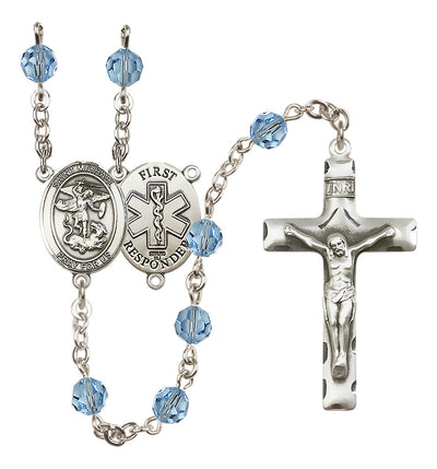 St. Michael 1st Responder Set In Sterling Silver With Birthstone 6mm Austrian Crystal Clear Beads For April in Aqua, Bliss Manufacturing