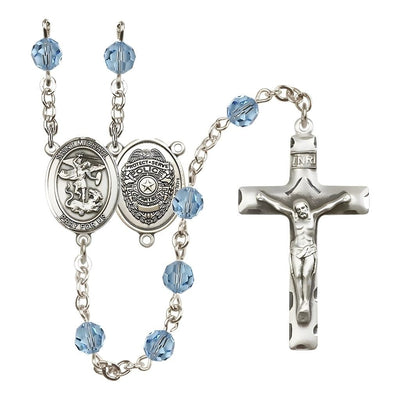 EMT Sterling Silver 6mm Aqua Austrian Crystal beads with a traditional crucifix rosary and St. Michael centerpiece with Police Officer shieldl on back, Bliss Manufacturing