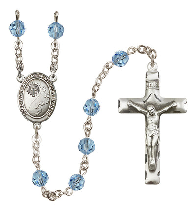 Footprints Sterling Silver 6mm Austrian Crystal Rosary with Aqua Beads, Bliss Manufacturing
